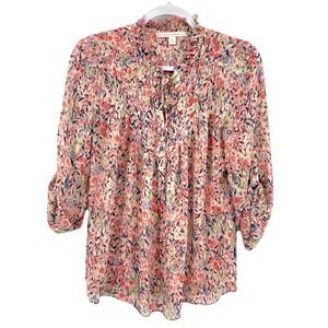 LC Lauren Conrad Button Front Floral Print Tie Front Roll-Up Sleeve Blouse